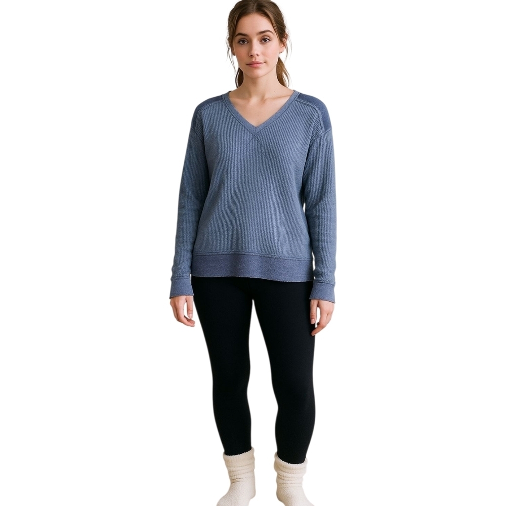 LA MIEL Classic Blue V-Neck Waffleknit Top Sz Small Effortless Loungewear Cozy